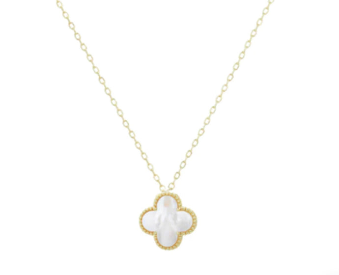 gold and white pearl clover necklace