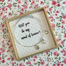 Will you be my Maid of Honour Bangle With 3 Charms complete with gift box & personalised sleeve