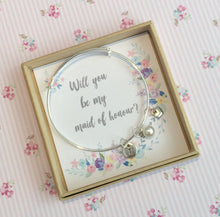Will you be my Maid of Honour Bangle With 3 Charms complete with gift box & personalised sleeve