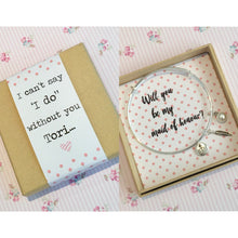 Will you be my Maid of Honour Bangle With 3 Charms complete with gift box & personalised sleeve