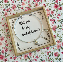 Will you be my Maid of Honour Bangle With 3 Charms complete with gift box & personalised sleeve