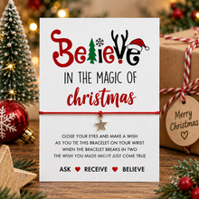 Christmas wish string bracelet. A Christmas-themed bracelet and card. The card reads 'Believe in the Magic of Christmas' and includes instructions for gifting a wish with a bracelet. Christmas stocking filler.