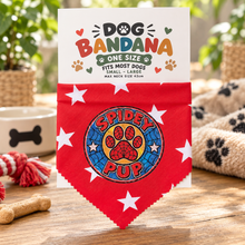 Spidey pup bandana in red & white star print. Superhero dog bandana. Funny slogan dog scarf neck tie