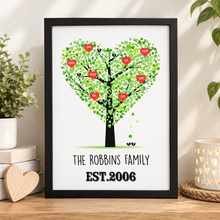 Personalised family tree print. Heart tree print. Family gift.