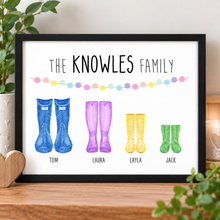 A framed personalised Wellington boots family print featuring the text 'THE KNOWLES FAMILY' above colourful illustrated rain boots labelled with names.