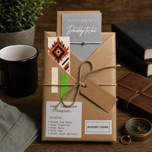 daddy to be book gift tied with twine sits on a wooden table in a styled setting. The package is wrapped in brown kraft paper and adorned with several tags and stickers, including one that reads 'A LITTLE WISH FOR A Daddy to be' and another that says 'Just One More Chapter.