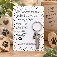 A memorial pet keychain displayed on a printed card with a quote about paw prints. The keychain has a silver-tone ring, a letter B charm, a feather charm, and a paw print charm. PET REMEMBRANCE KEY RING.