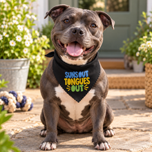 Suns out tongues out dog bandana. Black dog scarf with funny colourful slogan print