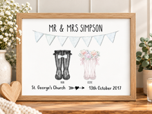 Wedding wellies print. Personalised wedding gift with couples names, location of marriage and wedding date. Unusual wedding present 