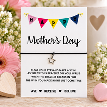 Mother’s Day wish string bracelet. A Mother's Day bracelet gift card with a black cord bracelet and a small silver star charm. Gift for Mother's day 
