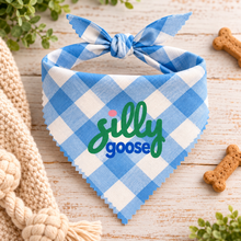 Silly goose dog bandana in blue and white checked print. Funny cute slogan dog bandana. Adjustable dog neck tie. Printed dog bandana humour