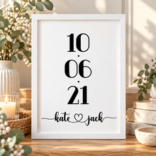 Personalised wedding date print. Customised engagement date with couples name and date. Personalised special date print 