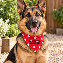 Bad mutha fluffer dog bandana in red and white star print with black text. Funny slogan dog scarf. Adjustable tie on dog bandana. Bad Mother Fluffer.