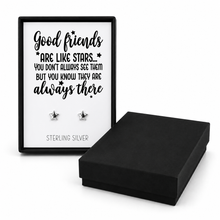 Sterling silver friends earrings. Silver star studs with butterfly backs with good friends are like stars gift box. Birthday gift for friend. 