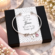 I can’t tie the knot without you, will you be my flower girl knot bangle and gift box. Personalised Silver knot bangle with 2 charms for flower girl proposal. Flower girl gift.