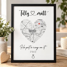 Engagement map print in black and white with the engaged location, couple names and date 