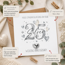 A square 25th wedding anniversary card with a kraft envelope. Callout boxes highlight eco-friendly materials, large 15cm x 15cm size, premium matte quality, and customisable blank space inside.