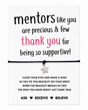 A black cord bracelet with a silver star charm displayed on a white card that reads 'mentors like you are precious & few thank you for being so supportive!' with additional wish instructions below.