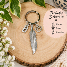 Silver-toned metal keychain with a round split ring, a feather charm, a paw print charm, a letter B charm, and an included three-charm set. Pet paw key ring for pet loss.