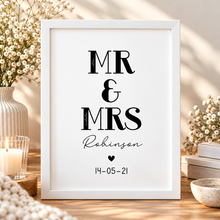 Mr and Mrs print. Personalised wedding gift with couples name and date. Customised wedding present 