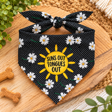 Suns out tongues out dog bandana. Daisies pattern dog scarf with funny slogan print and sun image