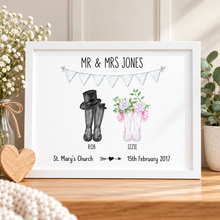 Wedding wellies print. Personalised wedding gift with couples names, location of marriage and wedding date. Unusual wedding present 