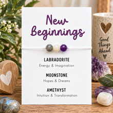 A white card labeled 'New Beginnings' with three small gemstone beads across the middle and with Labradorite, Moonstone, and Amethyst crystal bracelet. The card is styled on a wooden surface with crystals, greenery, and a ceramic mug in the background.