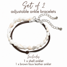 Set of 2 adjustable ankle bracelets on a white background with text overlays. One bracelet is made of dark brown faux leather with white and beige shell beads

Shell anklet
Brown leather anklet 