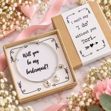 Will you be my bridesmaid bangle and gift box. Personalised silver bangle with 3 charms with gift box that reads will you be my bridesmaid, bridesmaid gift. Wedding fabours 