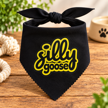 Silly goose dog bandana in black and yellow. Funny cute slogan dog bandana. Adjustable dog neck tie.