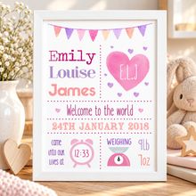 New Baby print. A personalised baby arrival print including the baby’s name, date of birth, initials and birth weight. Perfect baby’s room wall art.