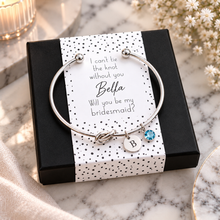 I can’t tie the knot without you, will you be my bridesmaid knot bangle. Silver knot bangle with 2 charms for bridesmaid proposal. Bridesmaid gift.