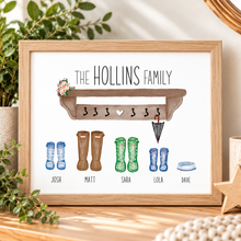 A personalised framed family welly boot print featuring the text 'THE HOLLINS FAMILY' above a brown rack with hooks and illustrated rain boots and an umbrella for each family member.