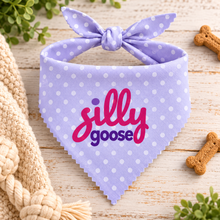 Silly goose dog bandana in lilac and white polka dot. Funny cute slogan dog bandana. Adjustable dog neck tie.
