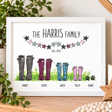 A framed personalised family print featuring the text 'THE HARRIS FAMILY' and 'Est. 2010' above illustrated rain boots for five family members