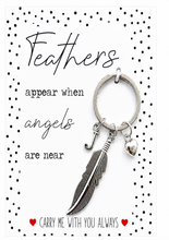 A silver-toned keychain with a feather charm, anchor, and heart pendant, displayed on a white card with black polka dots and the text 'Feathers appear when angels are near' and 'CARRY ME WITH YOU ALWAYS'. Sympathy gift