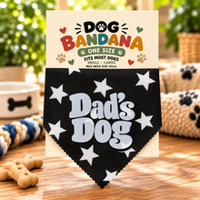 A black and white star print pet bandana with a tie-neck loop, featuring the text 'Dad's Dog' in white bubble letters with a black outline. Dads dog bandana. Funny slogan dog scarf tie on adjustable.