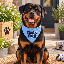 A blue and white stripe print pet bandana with a tie-neck loop, featuring the text 'Dad's Dog' in dark blue bubble letters with a white outline. Dads dog bandana. Funny slogan dog scarf tie on adjustable.