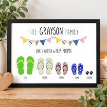 A framed personalised family flip flop print on a wooden surface, featuring colorful flip-flop illustrations and the text 'THE GRAYSON FAMILY' and 'LIFE IS BETTER IN FLIP FLOPS!'.