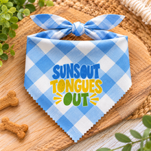 Suns out tongues out dog bandana. Blue and white gingham dog scarf with funny slogan print