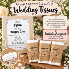 Personalised wedding tissues set - sleeves that read Take a Tissue for your happy tears. Wedding favours 
