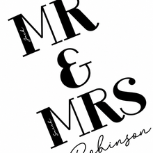 Black typographic wall art reading 'MR & MRS Robinson' in stylized serif and script lettering on a plain white background.
