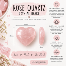 A rose quartz crystal heart shown on a decorative white and pink graphic layout with text describing its meanings and dimensions. The heart is displayed as a polished pink stone with a polished end, and the image includes measurement labels of 20mm by 20mm and a thickness of 6mm.