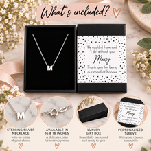 personalised wedding favours. Sterling silver initial necklace for bridesmaid flower girl maid of honour complete with gift box and personalised sleeve  