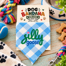 Silly goose dog bandana in blue and white gingham check. Funny cute slogan dog bandana. Adjustable dog neck tie.
