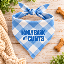 I only bark at cunts dog bandana in blue & white check dot. Cute gingham slogan dog scarf - adjustable tie on