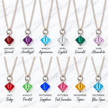 Twelve crystal birthstone necklaces on Sterling silver fine curb chains