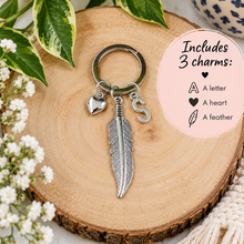 A silver feather keyring with a split ring, featuring a large feather charm, a small heart charm, and a letter 'S' charm. Remembrance gift.