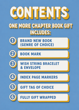 A blue informational graphic with the word CONTENTS at the top and a numbered list describing what is included in a book gift: a brand new book (genre of choice), book mark, wish string bracelet and envelope, index page markers, gift tag of choice, and fully gift wrapped.