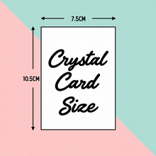 A size diagram showing a rectangular crystal card with dimensions labeled 10.5CM tall and 7.